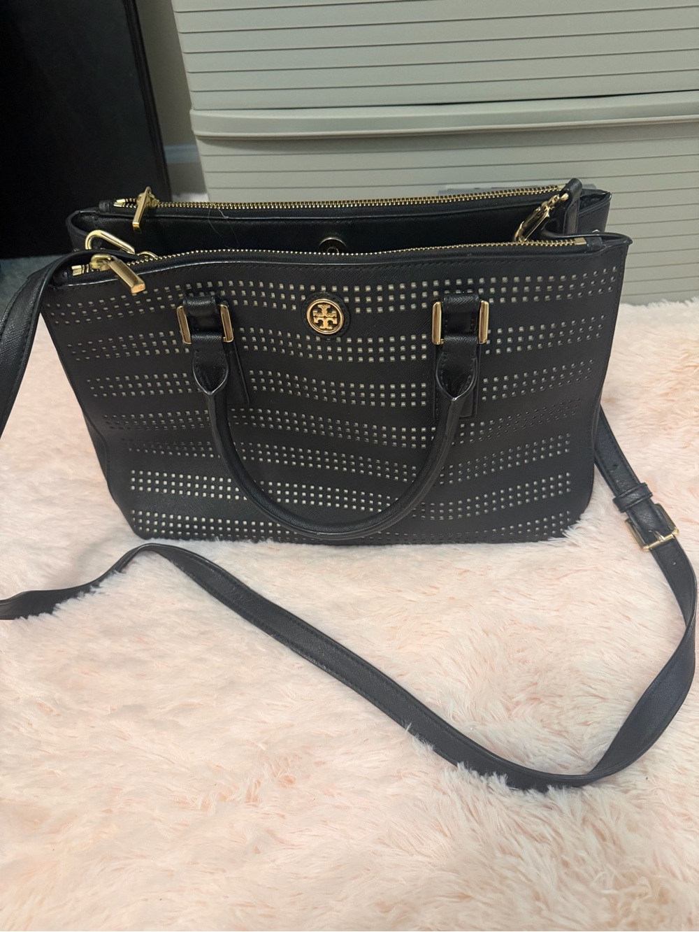 💕Tory Burch Black Perforated Leather Satchel with Gold Accents